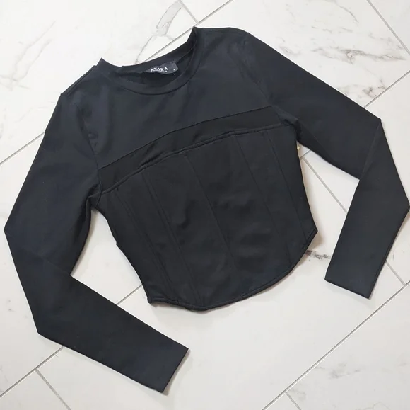 New! Akira Long Sleeve Mesh Corset Inspired Cropped Tie Back Top - Picture 1 of 12